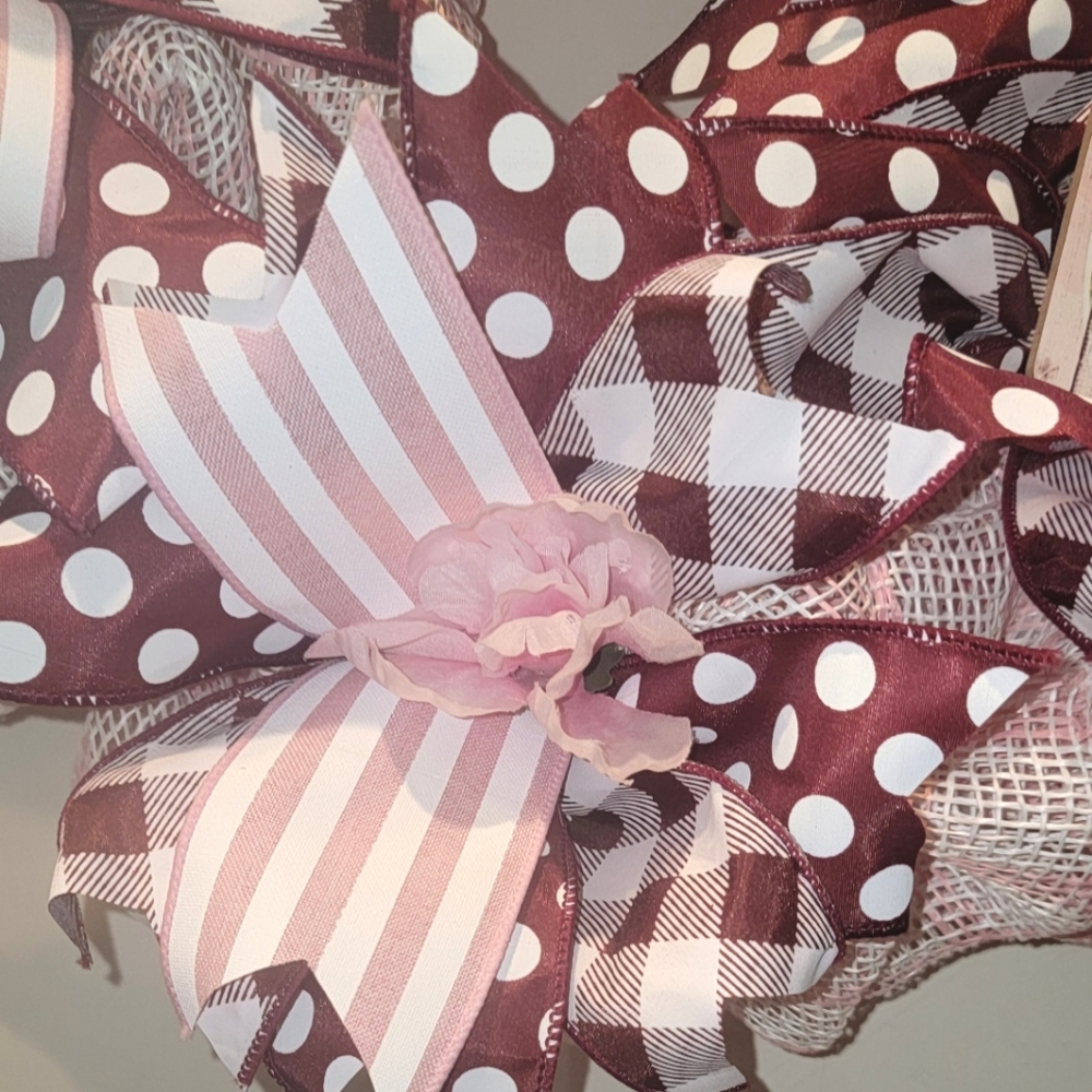 Mother Daughter Wreath Deco Mesh Bow Butterflies Pink Burgundy - Picture 8 of 9
